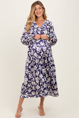 Navy Floral Tiered Ruched V-Neck Satin Maternity Maxi Dress