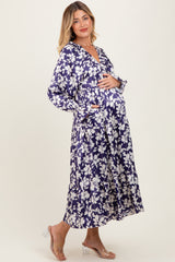 Navy Floral Tiered Ruched V-Neck Satin Maternity Maxi Dress