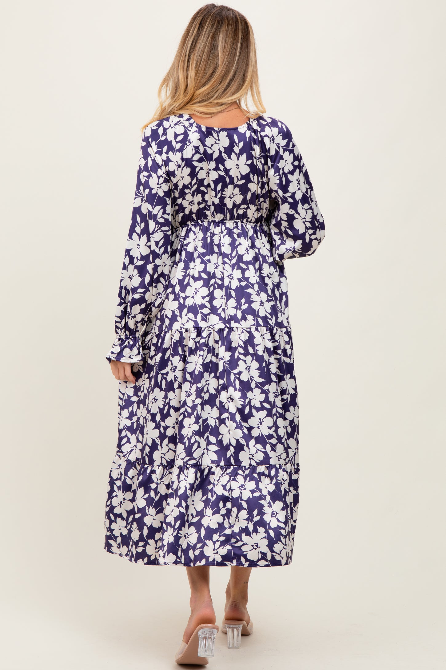Navy Floral Tiered Ruched V-Neck Satin Maternity Maxi Dress