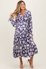 Navy Floral Tiered Ruched V-Neck Satin Maternity Maxi Dress