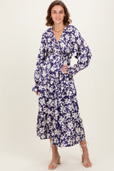 Navy Floral Tiered Ruched V-Neck Satin Maxi Dress