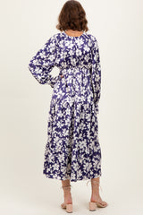 Navy Floral Tiered Ruched V-Neck Satin Maxi Dress