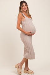 Beige Wide Ribbed Sweater Knit Maternity Midi Dress