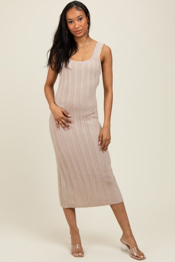 Beige Wide Ribbed Sweater Knit Midi Dress