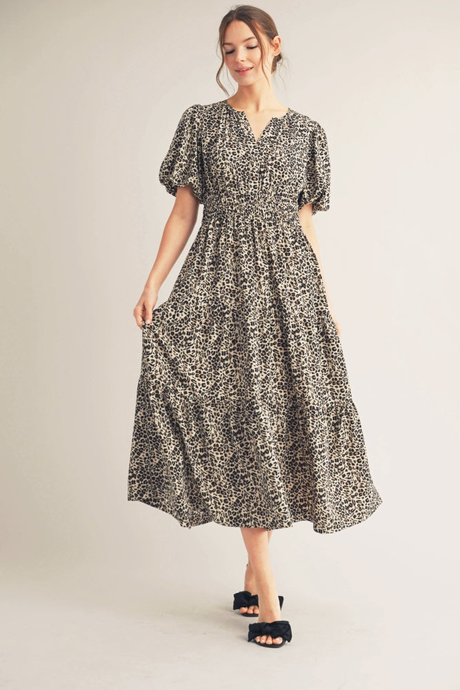animal print tiered midi dress Jodifl Leopard Print Tiered Midi Dress with Contrast Trim in Blue S