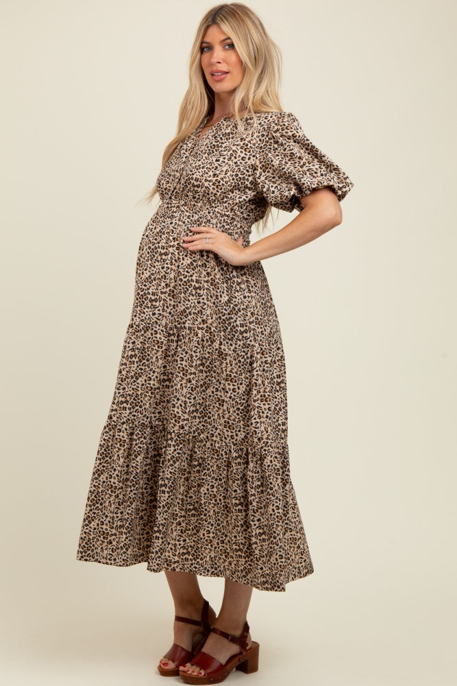 Brown Animal Print Tiered Maternity Midi Dress
