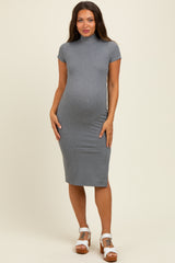 Heather Grey Mock Neck Short Sleeve Maternity Dress