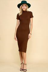 Brown Mock Neck Short Sleeve Maternity Dress