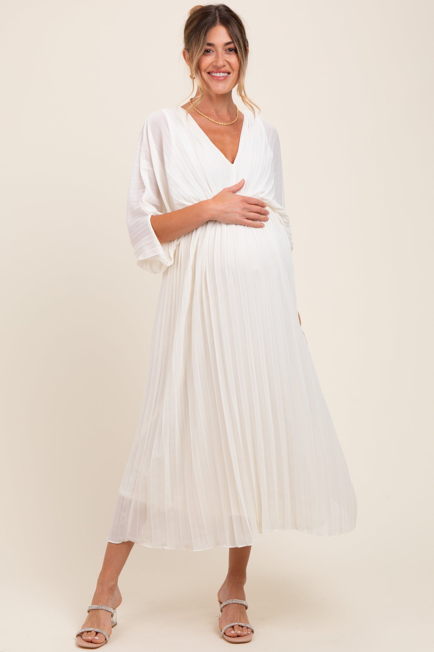 Cream Pleated V Neck Maternity Maxi Dress