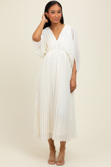 Cream Pleated V Neck Maxi Dress
