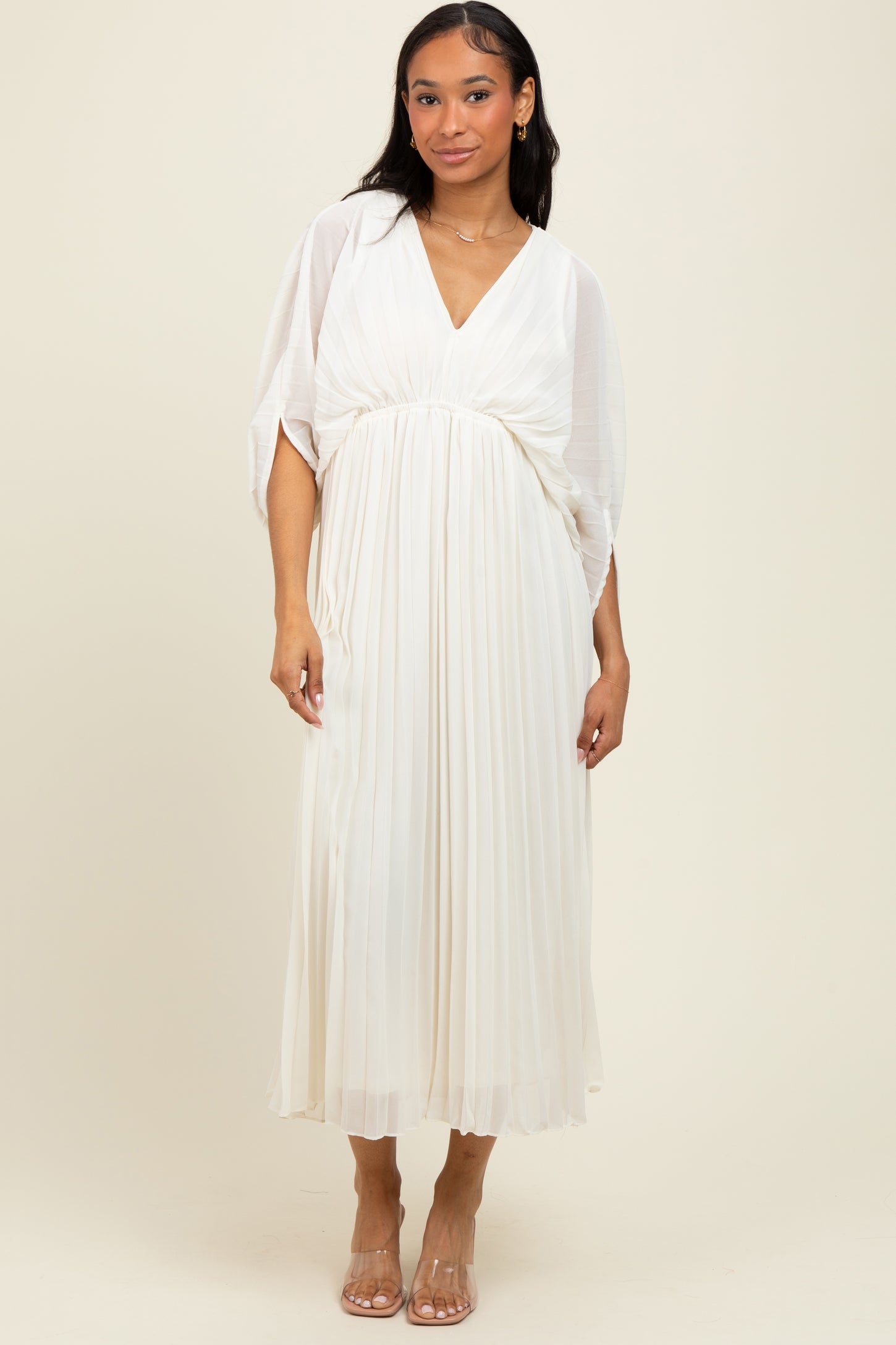 Cream Pleated V Neck Maternity Maxi Dress PinkBlush Cream Pleated V Neck Maternity Maxi Dress PinkBlush
