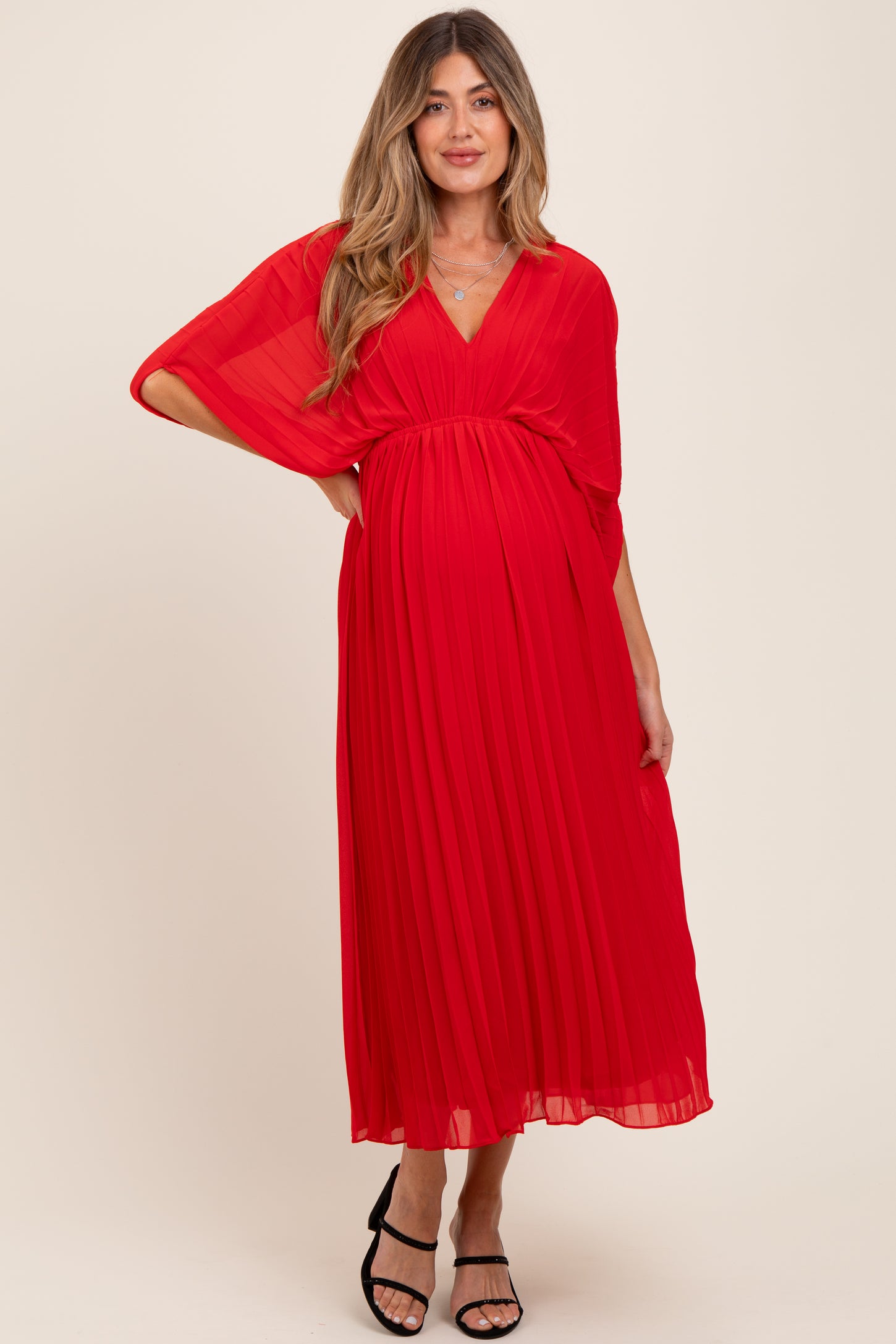 Red Pleated V Neck Maternity Maxi Dress – PinkBlush