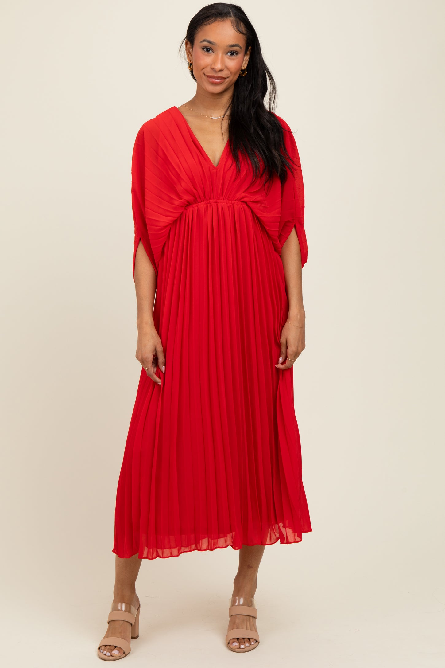 Red Pleated V Neck Maternity Maxi Dress Red Pleated V Neck Maternity Maxi Dress