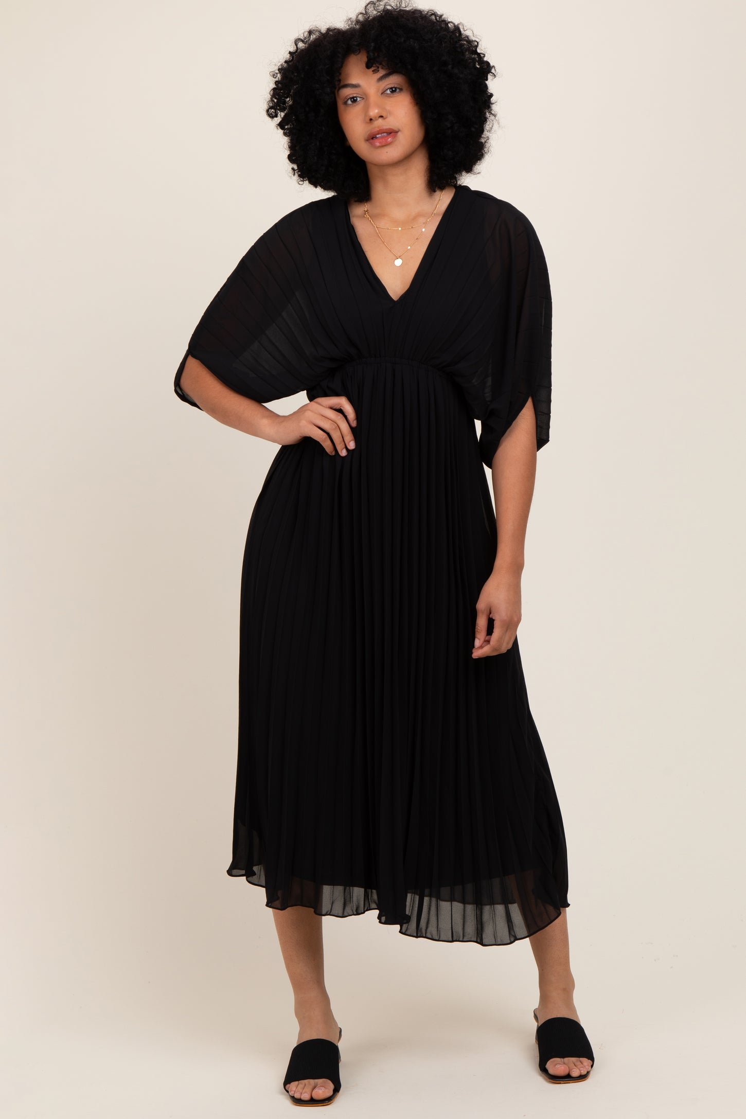 Black Pleated V Neck Maxi Dress Black Pleated V Neck Maxi Dress