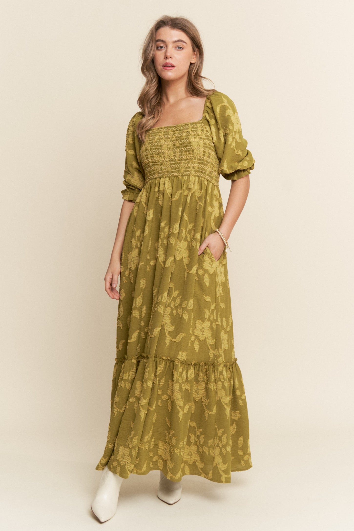 Olive Floral Print Smocked Bodice Maternity Maxi Dress