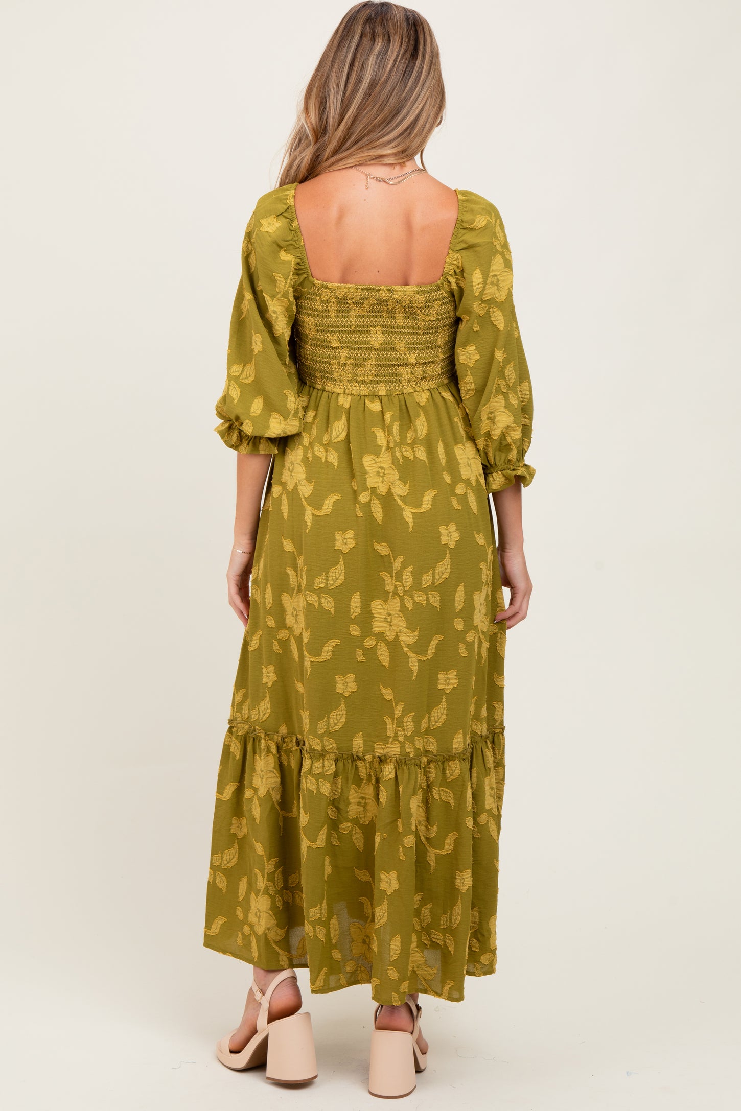 Olive Floral Print Smocked Bodice Maternity Maxi Dress