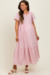 Pink/Silver Striped Short Sleeve V-Neck Tiered Maternity Midi Dress