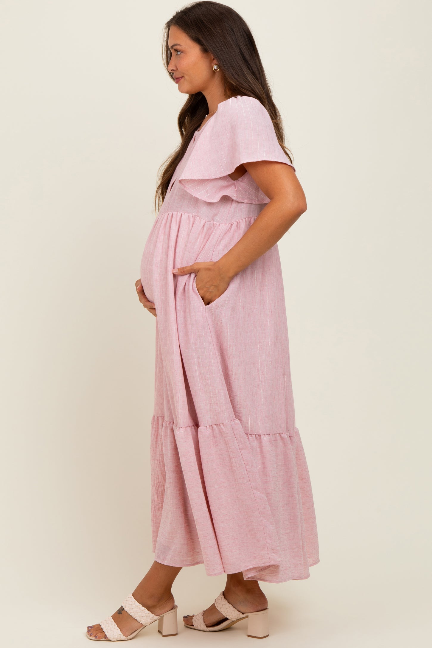 Pink/Silver Striped Short Sleeve V-Neck Tiered Maternity Midi Dress