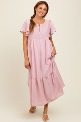 Pink/Silver Striped Short Sleeve V-Neck Tiered Midi Dress