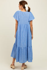 Blue/Silver Striped Short Sleeve V-Neck Tiered Midi Dress