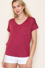 Burgundy V-Neck Front Pocket Short Sleeve T-Shirt