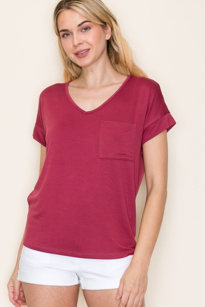 Burgundy V-Neck Front Pocket Maternity Short Sleeve T-Shirt