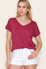 Burgundy V-Neck Front Pocket Short Sleeve T-Shirt