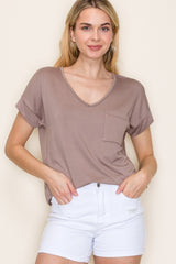 Light Taupe V-Neck Front Pocket Short Sleeve T-Shirt