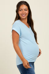Light Blue Terry Short Sleeve Maternity Top