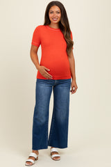 Coral Red Knit Crew Neck Maternity Short Sleeve Top