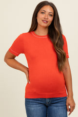 Coral Red Knit Crew Neck Maternity Short Sleeve Top