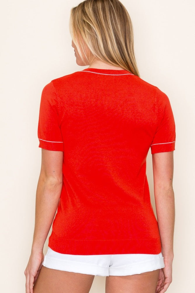 Coral Red Knit Crew Neck Short Sleeve Top