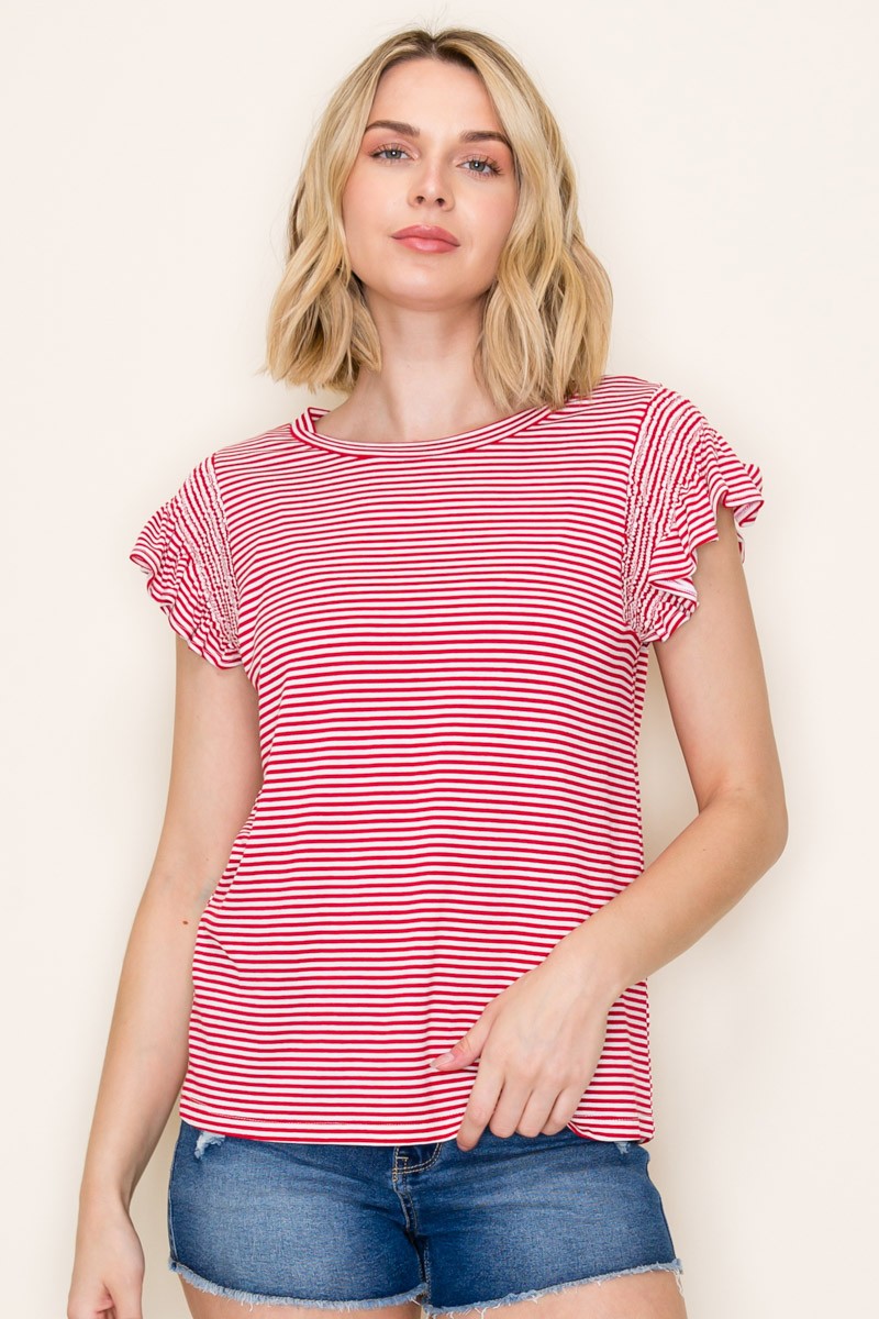 Red Striped Flutter Sleeve Top