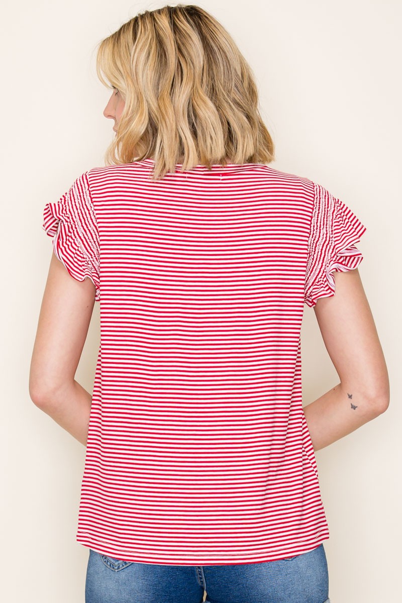 Red Striped Flutter Sleeve Top