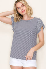 Navy Striped Flutter Sleeve Top