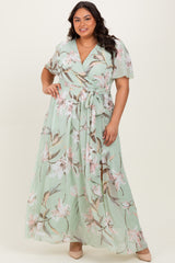 Light Olive Floral Chiffon Sash Tie Maternity Plus Maxi Dress
