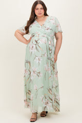 Light Olive Floral Chiffon Sash Tie Maternity Plus Maxi Dress