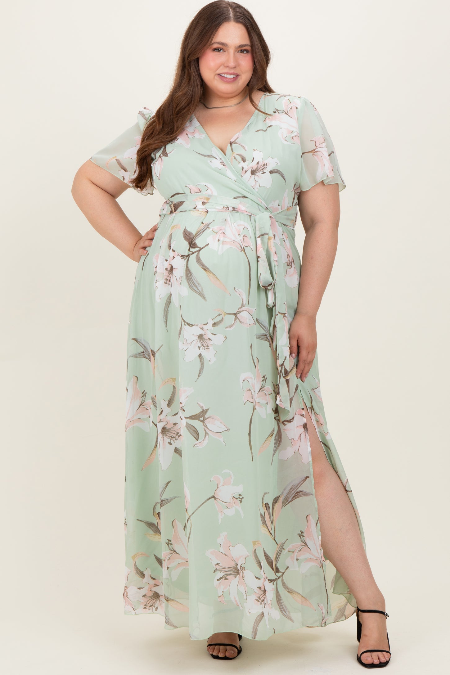 Light Olive Floral Chiffon Sash Tie Maternity Plus Maxi Dress