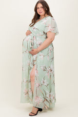 Light Olive Floral Chiffon Sash Tie Maternity Plus Maxi Dress