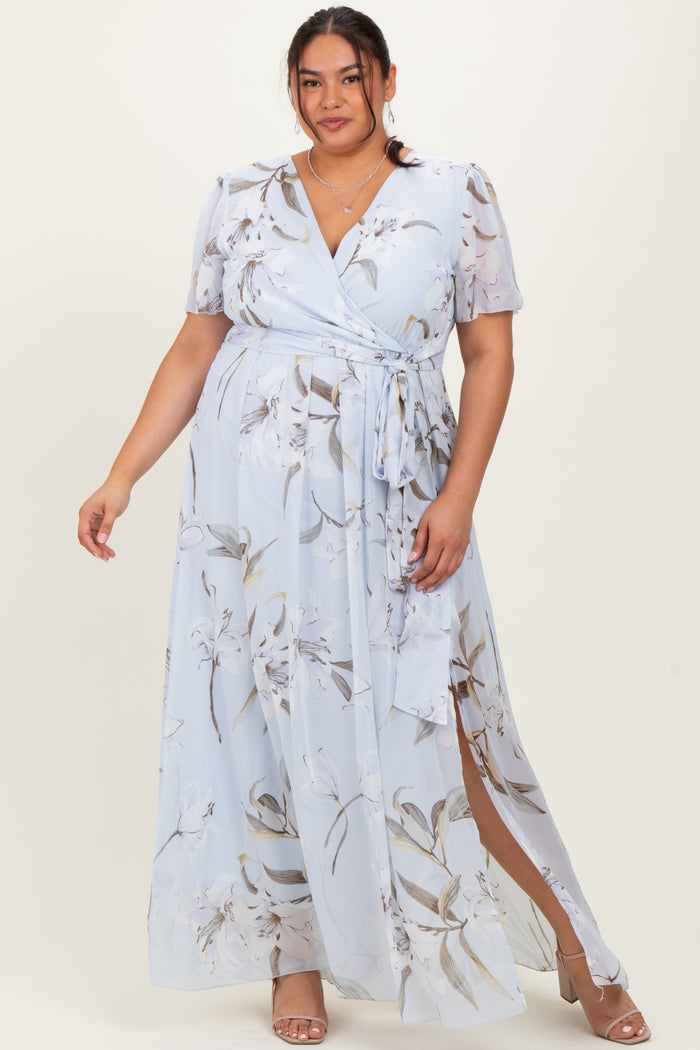 Light Blue Floral Chiffon Sash Tie Plus Maxi Dress