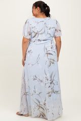 Light Blue Floral Chiffon Sash Tie Plus Maxi Dress