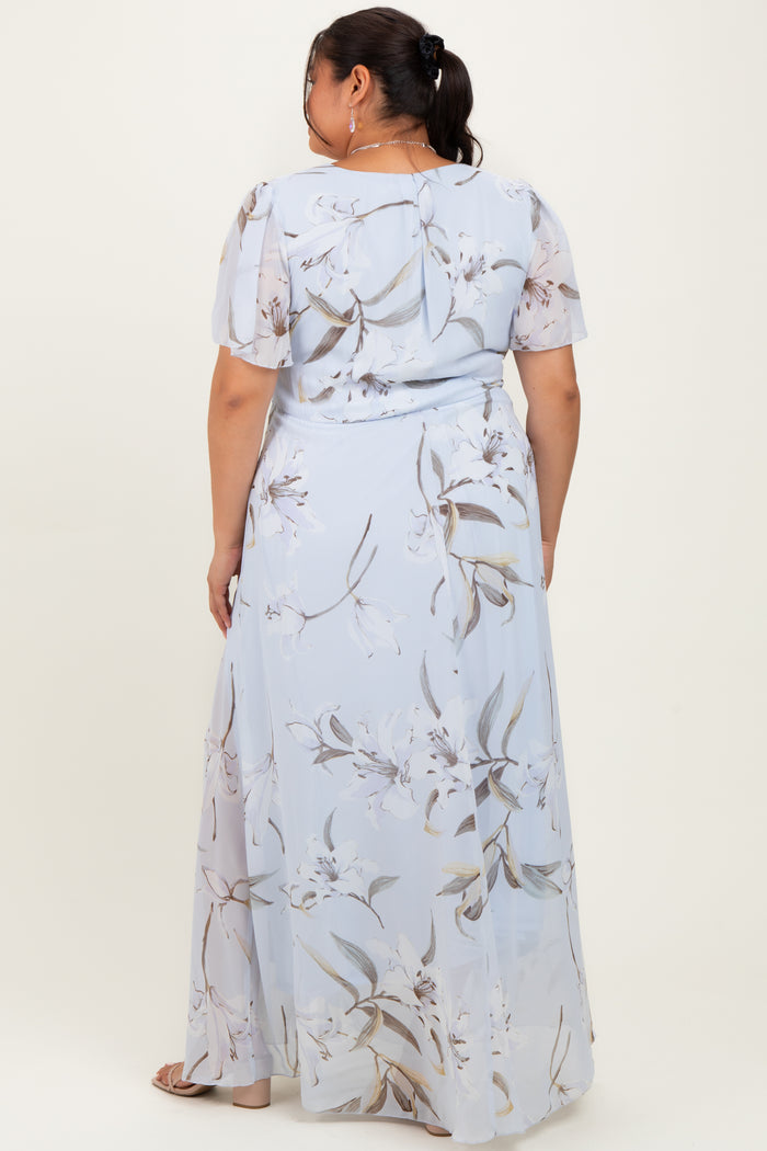 Light Blue Floral Chiffon Sash Tie Plus Maxi Dress