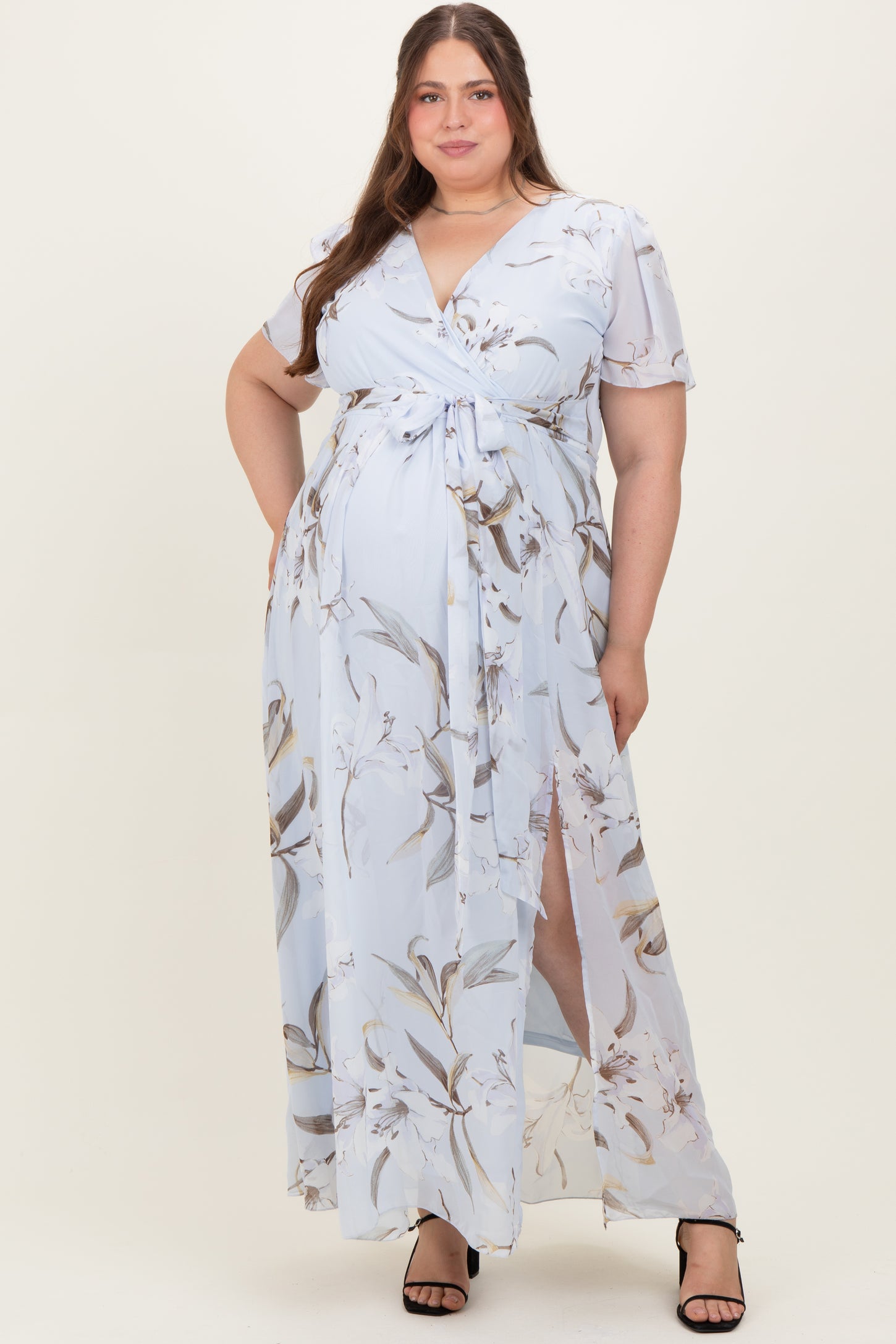 Light Blue Floral Chiffon Sash Tie Maternity Plus Maxi Dress