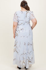 Light Blue Floral Chiffon Sash Tie Maternity Plus Maxi Dress