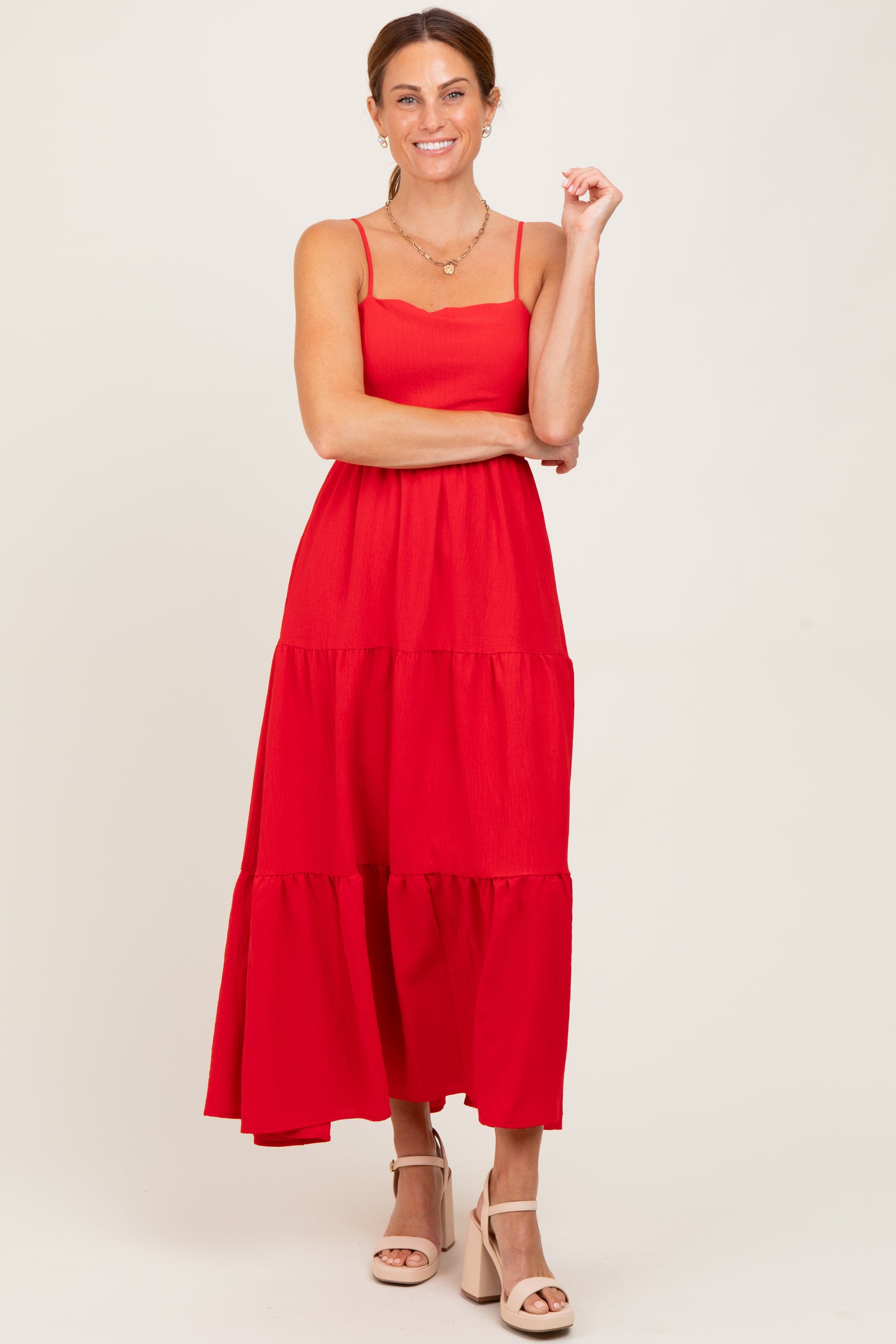 Red Tiered Cutout Tie Back Midi Dress