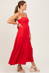 Red Tiered Cutout Tie Back Midi Dress