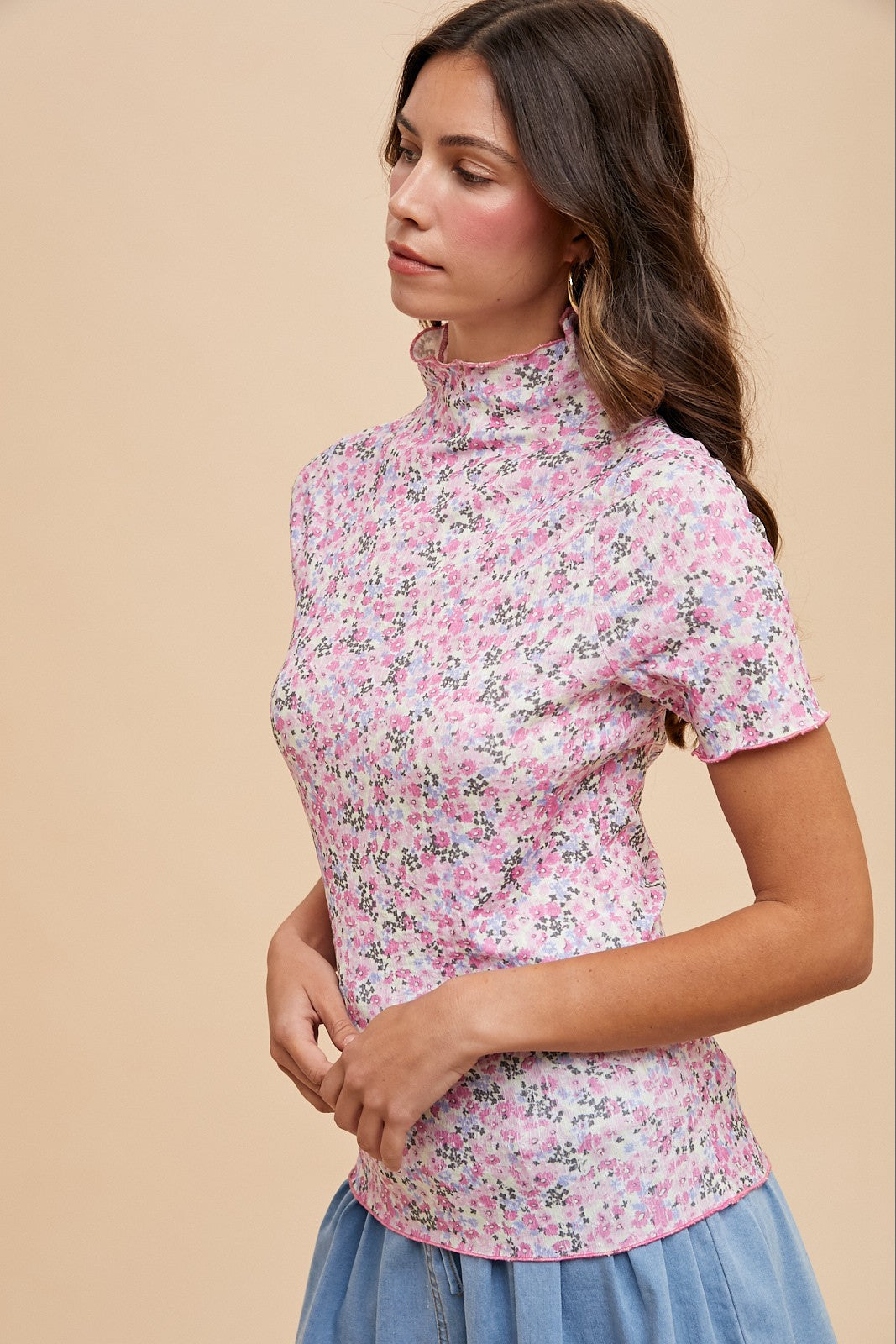 Pink Floral Ruffle Mock Neck Short Sleeve Top