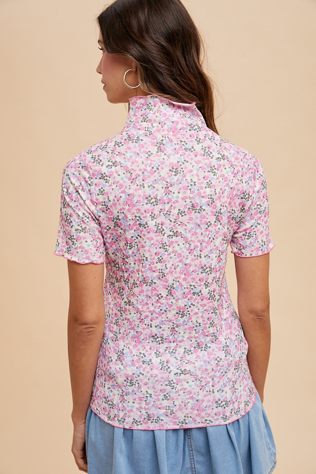 Pink Floral Ruffle Mock Neck Short Sleeve Top