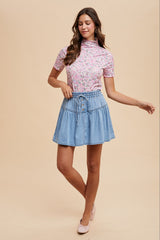 Pink Floral Ruffle Mock Neck Short Sleeve Top