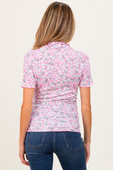 Pink Floral Ruffle Mock Neck Maternity Short Sleeve Top